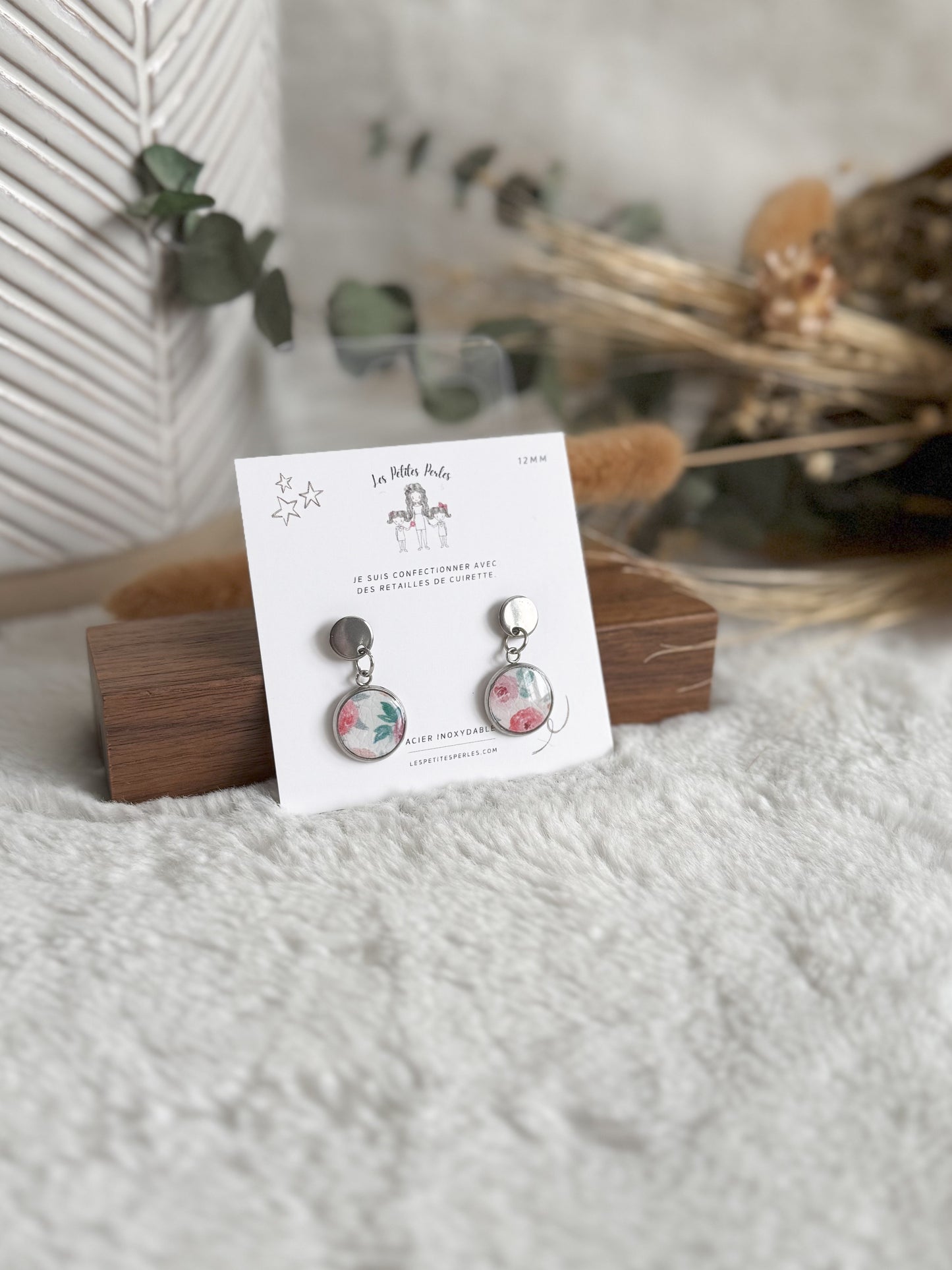 Boucles d'oreilles 12mm Tapisserie Florale Pendantes Argent
