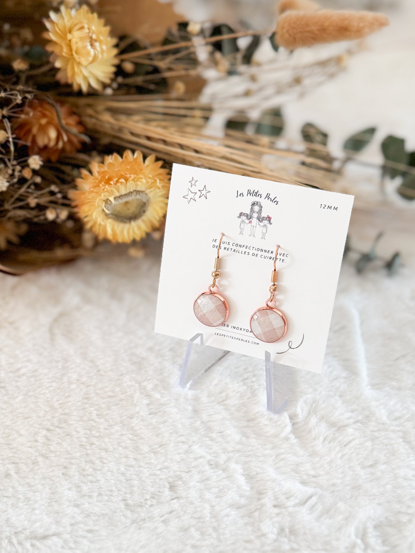 Boucles d'oreilles 12mm Carreaux Tan
