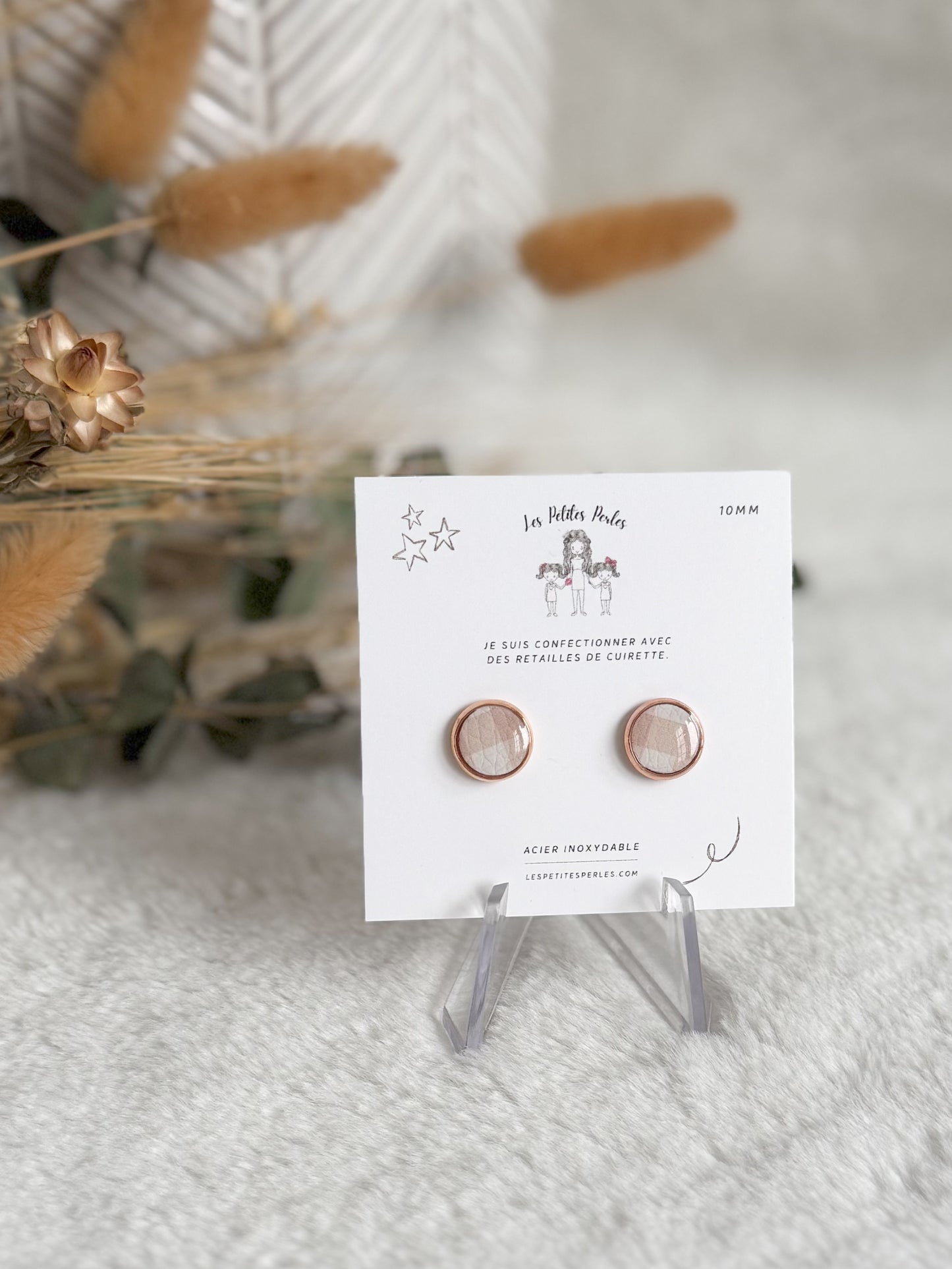 Boucles d'oreilles 10mm Carreaux Tan contour rose gold